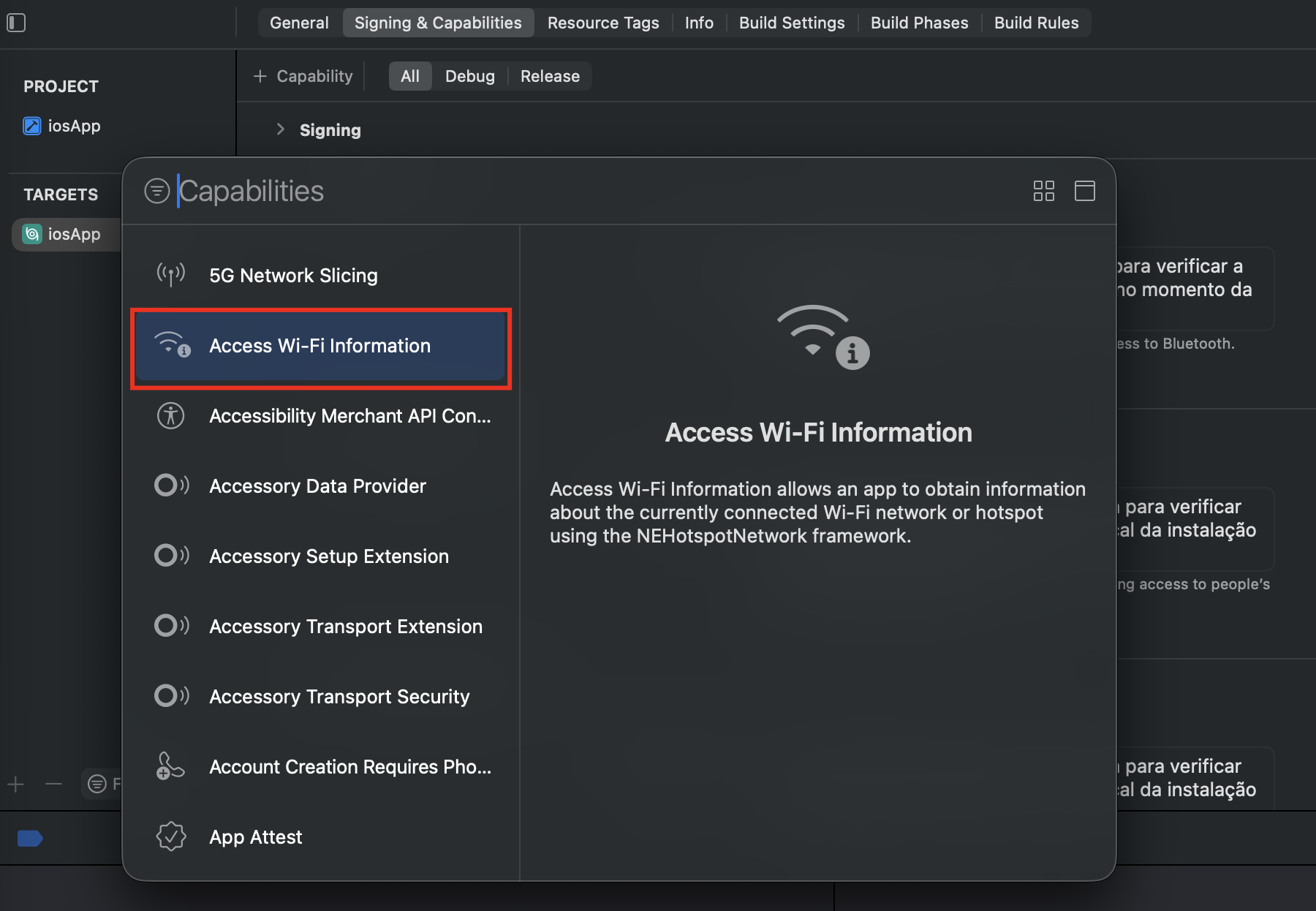 Access WiFi Information capability added in the Signing & Capabilities tab.