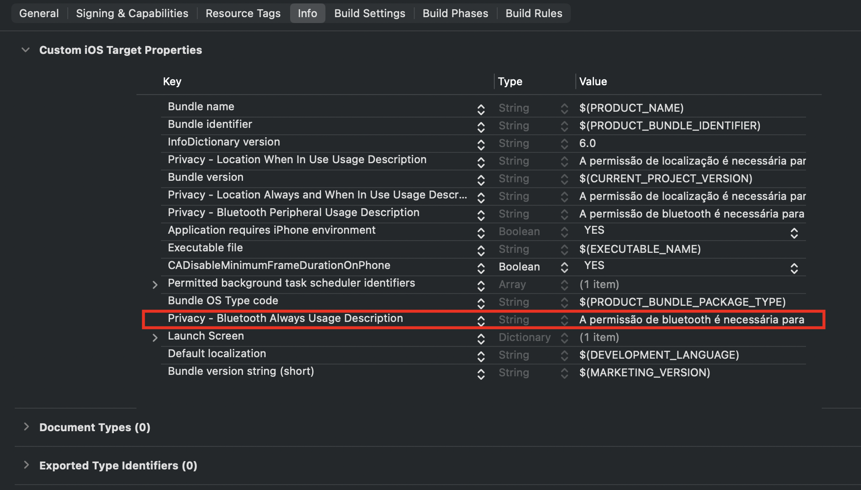Bluetooth permission configuration in the Info.plist editor.