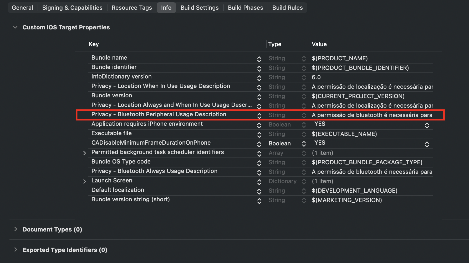 Bluetooth Peripheral permission configuration in the Info.plist editor.