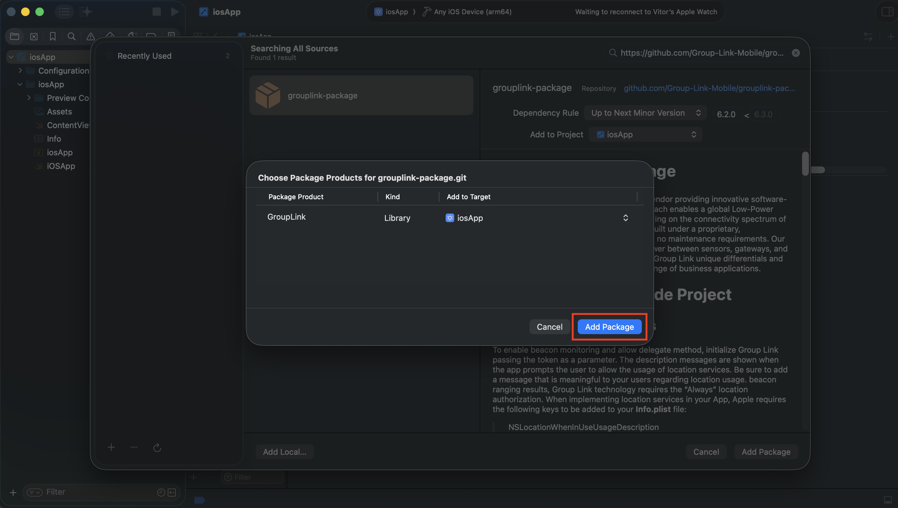 Selection modal for the grouplink-package in Xcode, listing the GroupLink product of type Library to be added to the target. The Add Package button, in the lower right corner of the dialog, is highlighted in red.