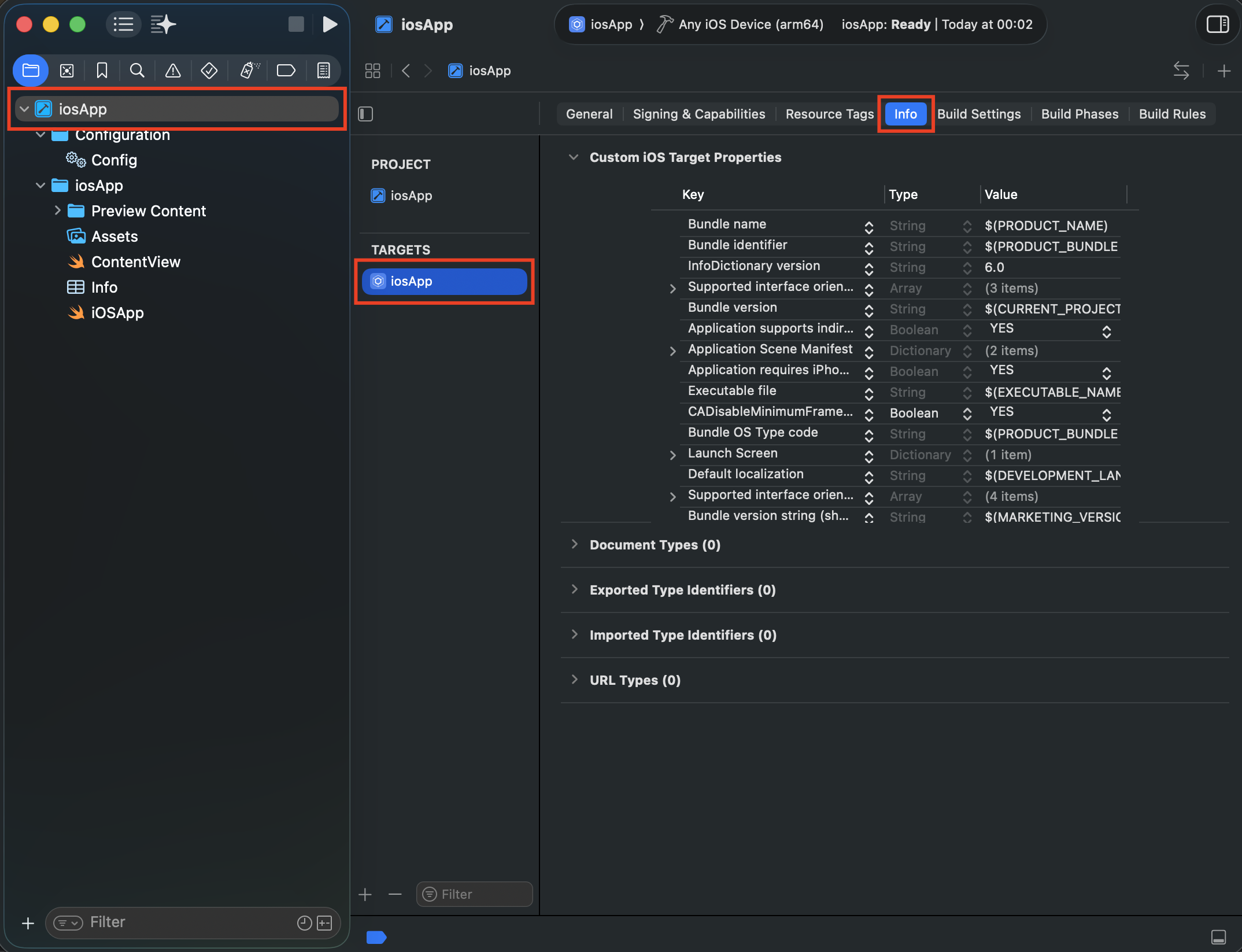 Xcode window showing the Info tab of the target. Three areas are highlighted in red: the project name at the top of the left navigator, the application target in the TARGETS section, and the Info tab at the top of the editor. On the right, the Custom iOS Target Properties section lists the permission keys and their respective values.