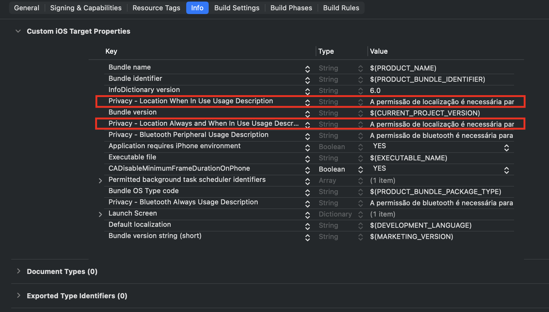 Location permissions configuration in the Info.plist editor.