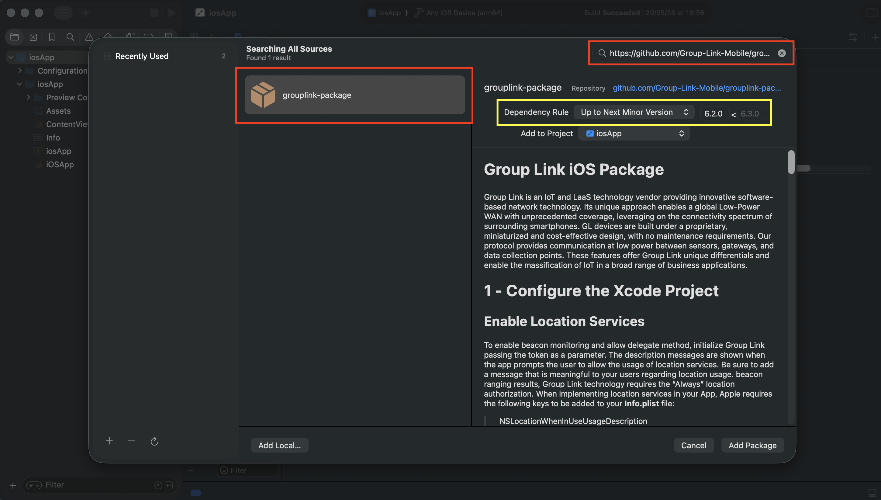Swift Package Manager (SPM) add window in Xcode with the search returning the grouplink-package repository. The URL appears highlighted in red in the search field in the upper right corner, and the grouplink-package is highlighted in red in the results list. The Dependency Rule fields set to Up to Next Minor Version with the value '6.2.0' are highlighted in yellow.