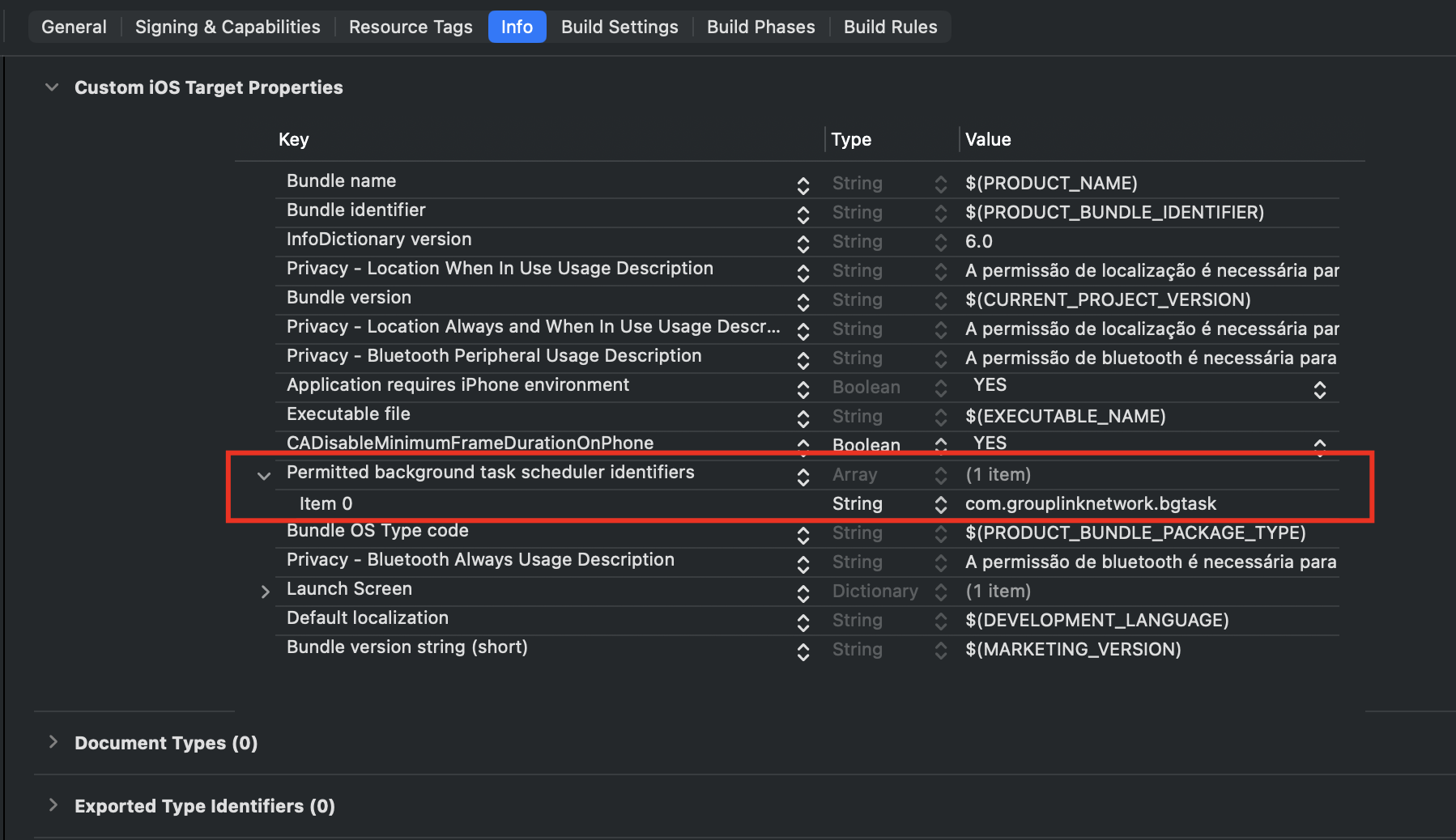 Background task scheduler permitted identifiers configuration in the Info.plist editor.