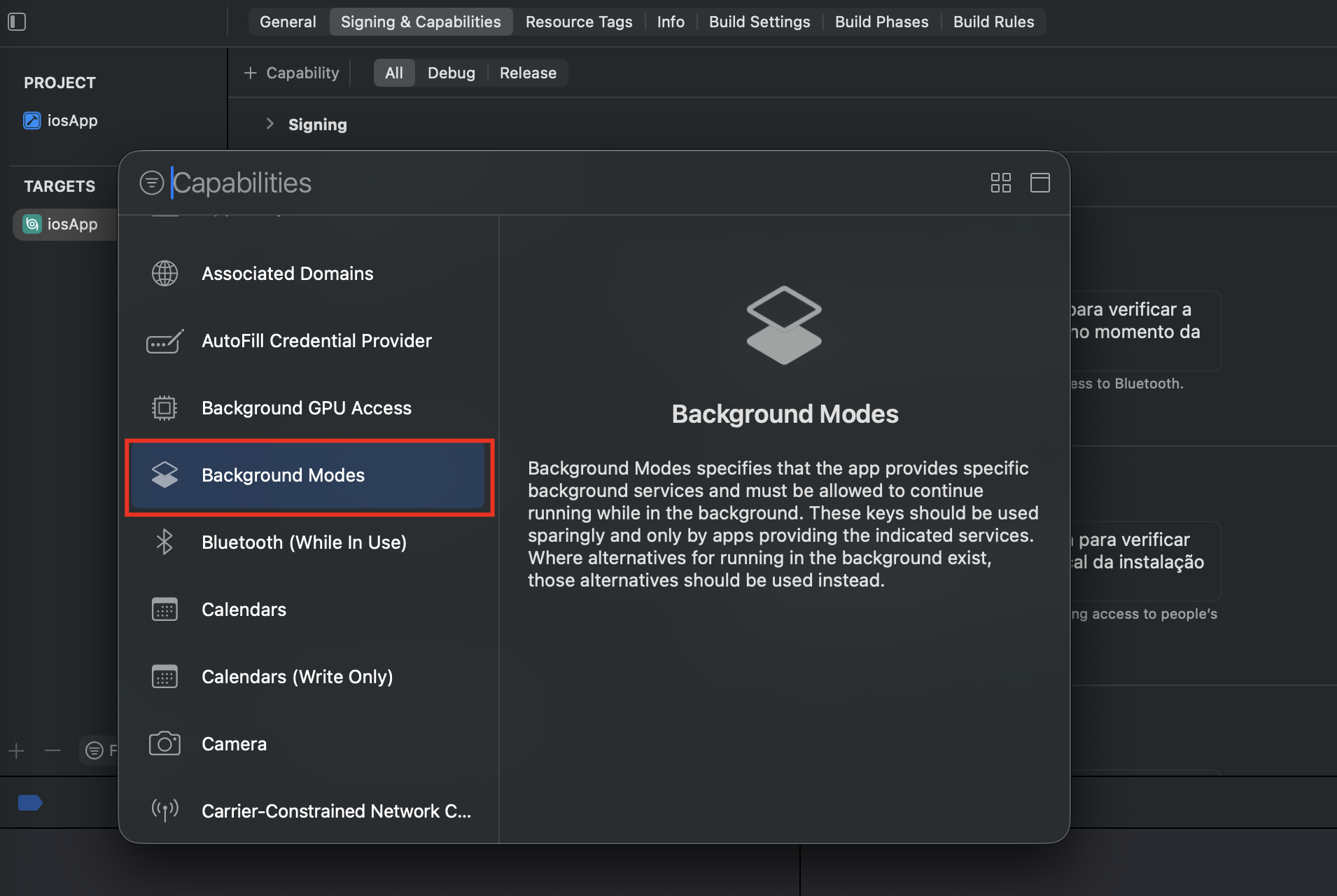 Capability Background Modes adicionada na aba Signing &amp; Capabilities.