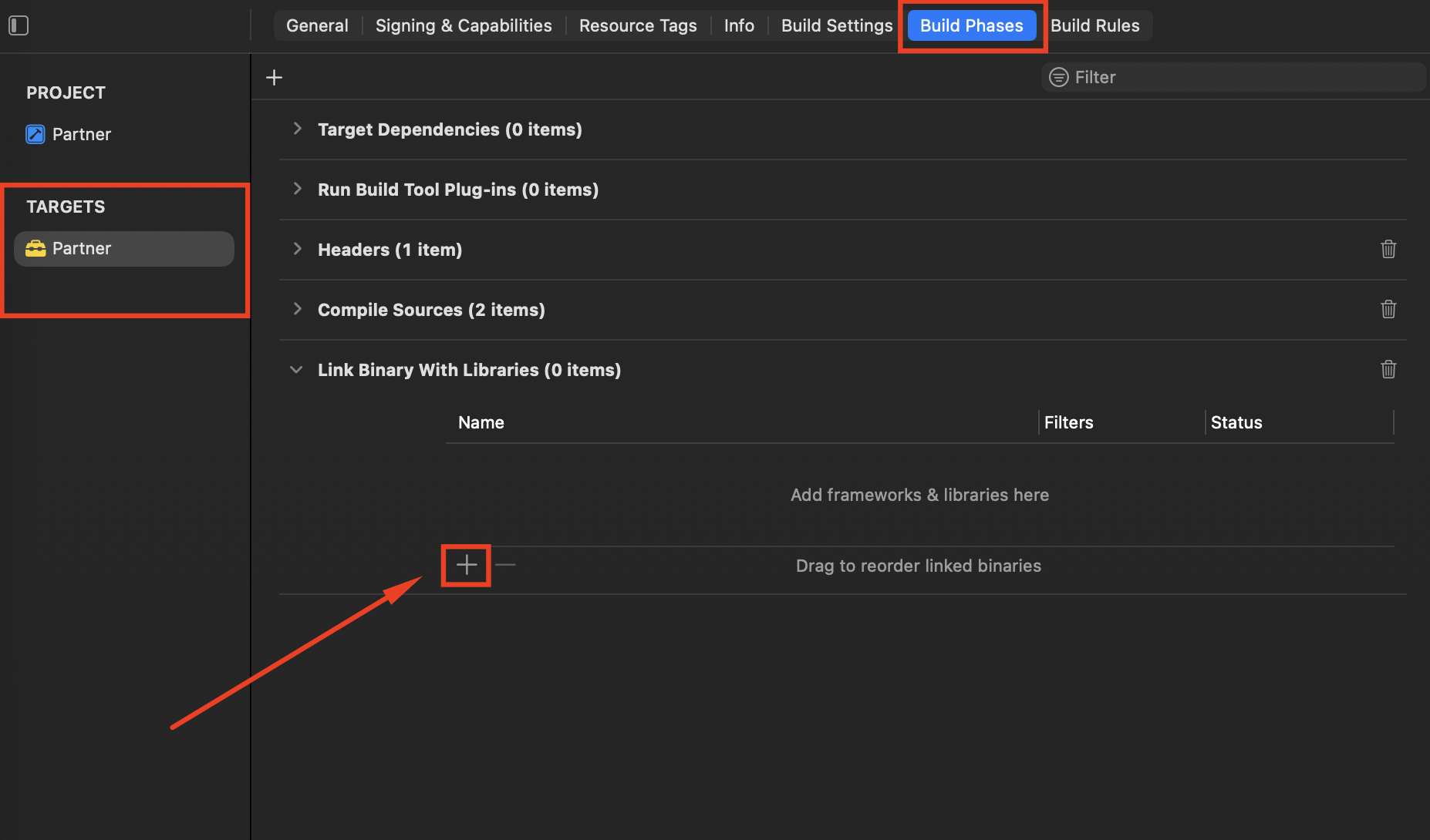 IMG-12 — Clicando no + na nova fase do Link Binary With Libraries