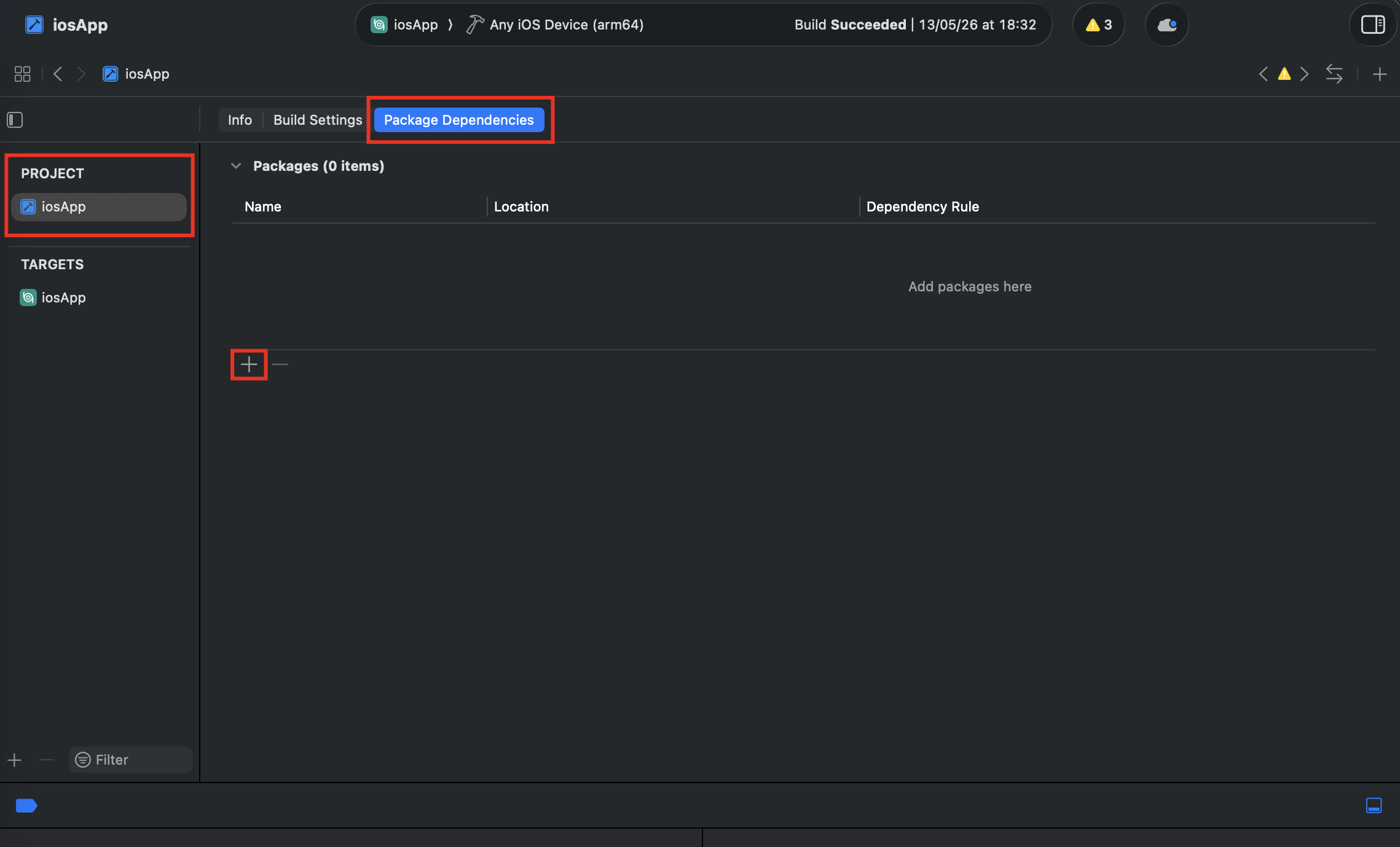 Tela do Xcode com três áreas destacadas em vermelho: a seção PROJECT da barra lateral esquerda, a aba Package Dependencies no topo do editor e o botão '+' na parte inferior da lista de pacotes. A lista de Packages está vazia (0 itens), exibindo a mensagem "Add packages here".